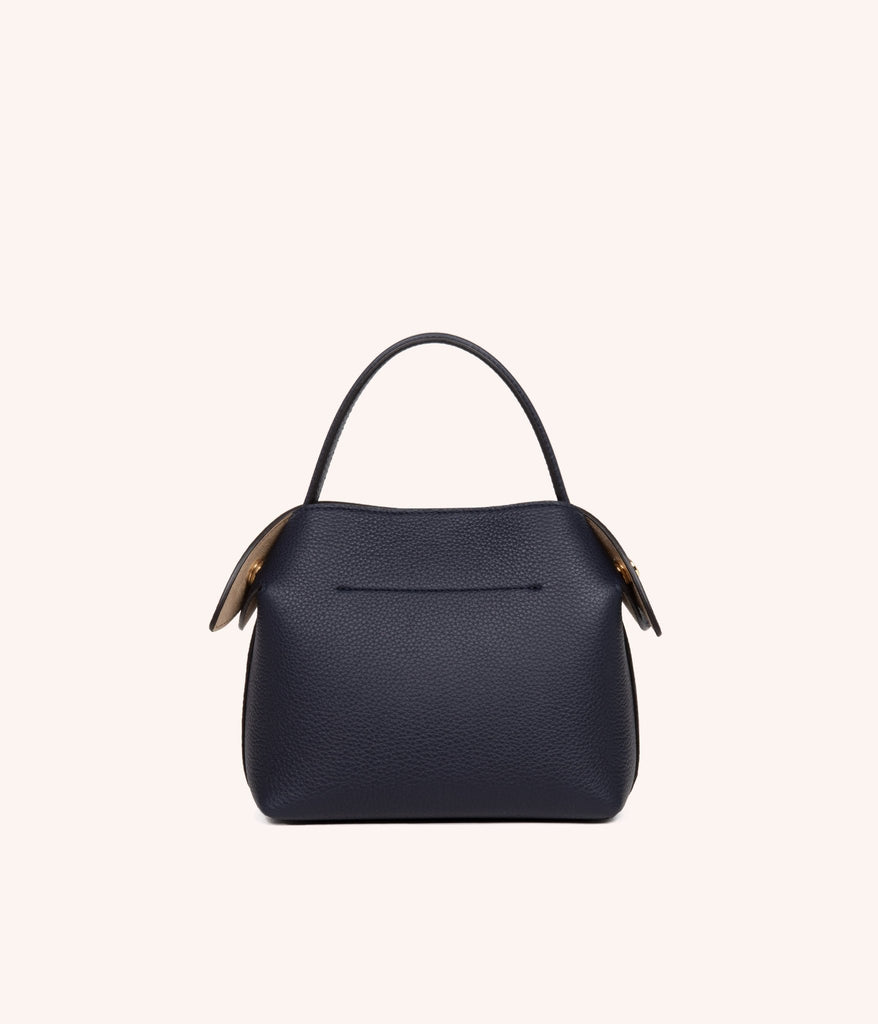 Vue de dos du sac à main Mini Swann bleu marine en cuir de veau