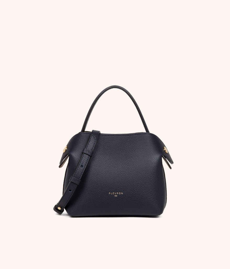 Sac à main Mini Swann bleu marine en cuir de veau pleine fleur et sa bandoulière additionnelle